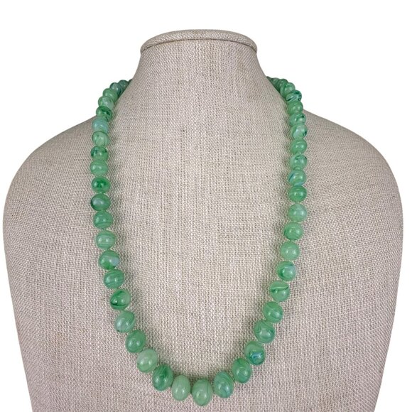 Vintage Green Marbled Glass Bead Necklace With Ornate Brass Clasp - Picture 1 of 4